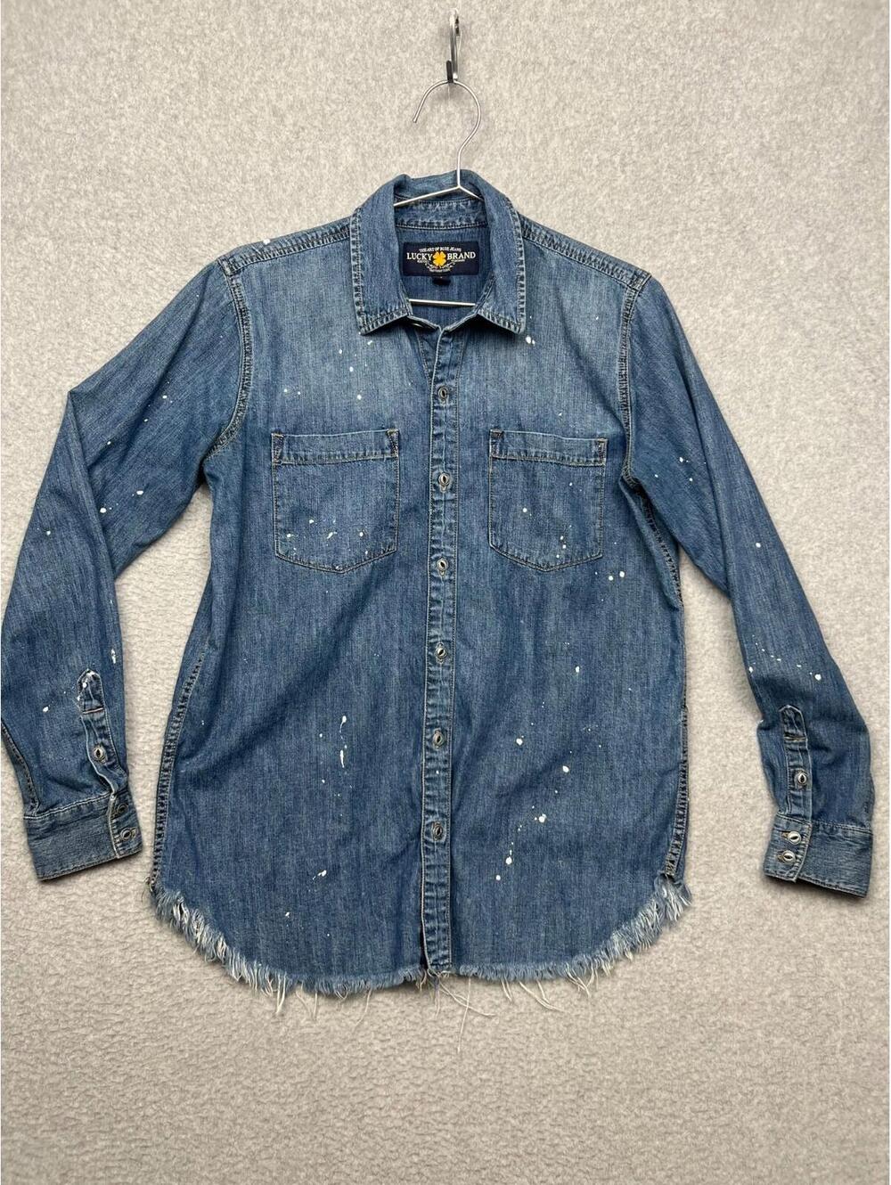 Lucky Brand Womens Chambray Button Up Shirt Denim Small Long Sleeve Fray Western